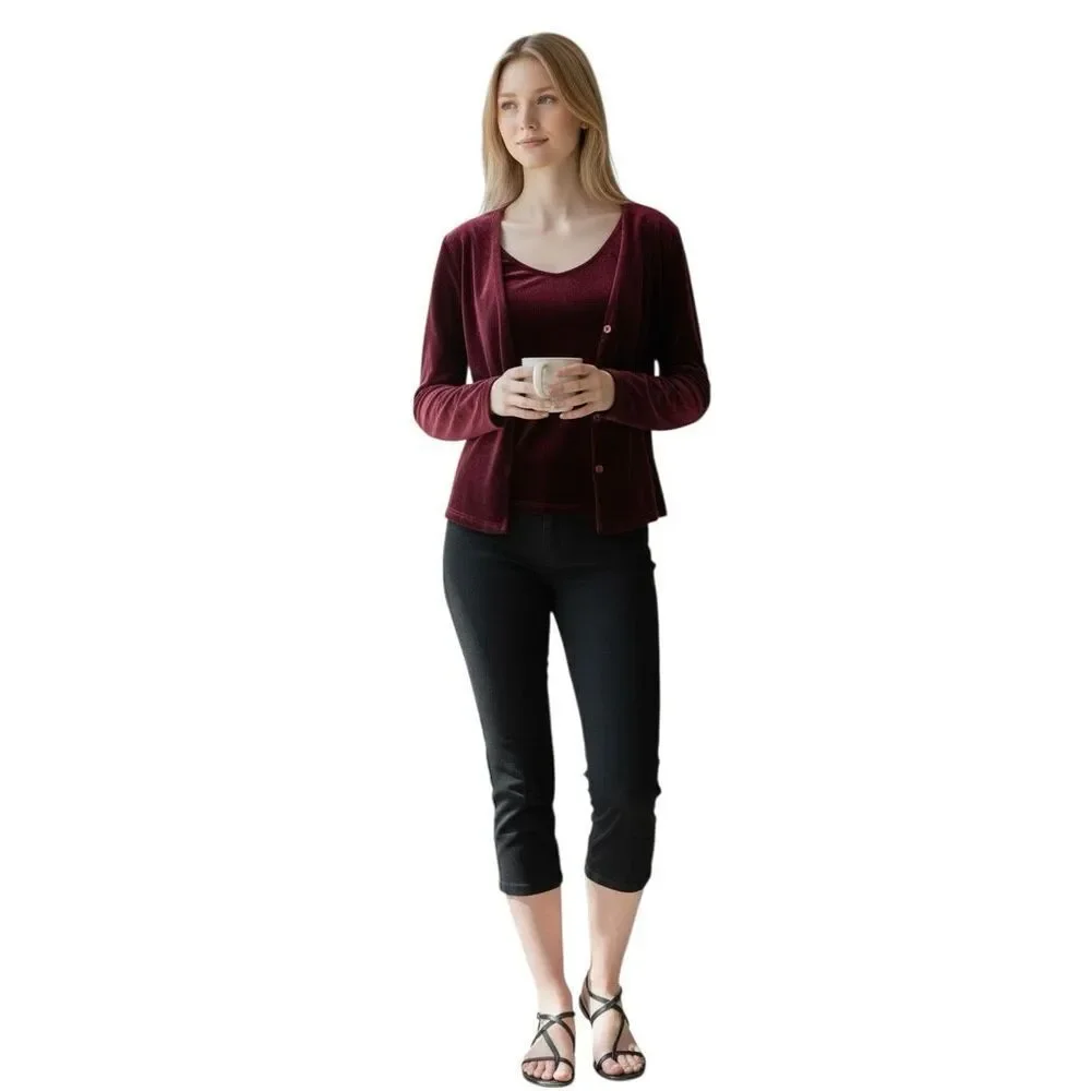 Vintage Eggplant Burgundy Velvet Twin Set | Cardigan + Sleeveless Shell Top | Sm